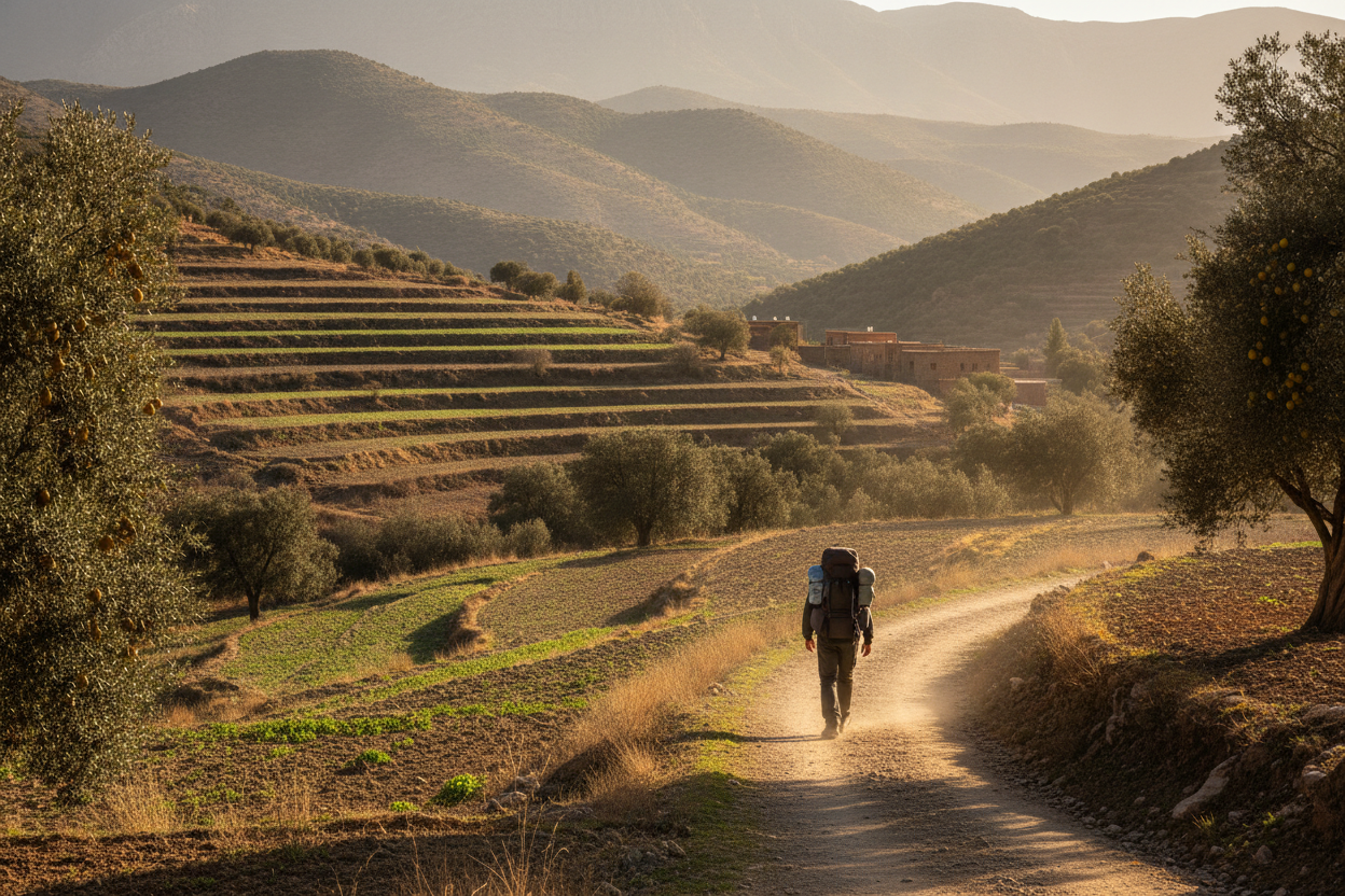 Trekker walking through the Ouirgane Valley with terraced hills and Atlas foothills behind