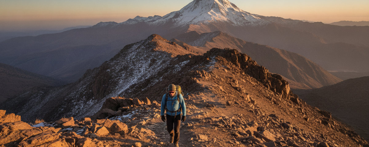 Hiker walking carefully on a rocky Atlas Mountain trail toward Mount Toubkal at sunrise