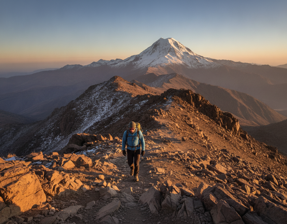 Hiker walking carefully on a rocky Atlas Mountain trail toward Mount Toubkal at sunrise