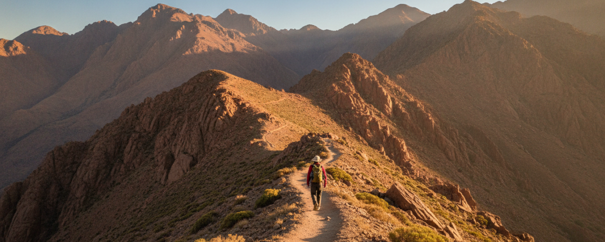 Hiker on a high Atlas Mountain trail beneath rugged Mount Toubkal peaks at golden morning light