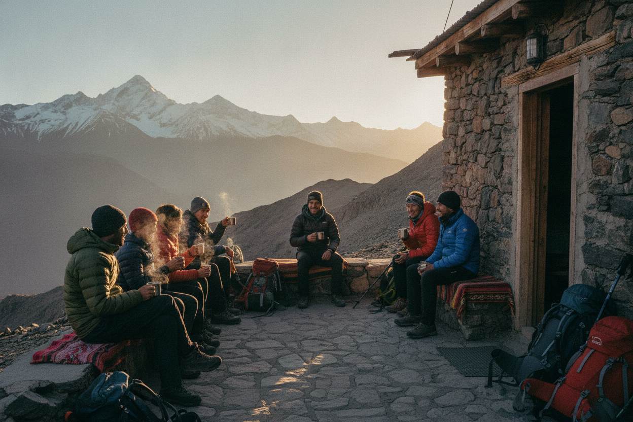 Trekking companions resting with tea outside a High Atlas mountain refuge