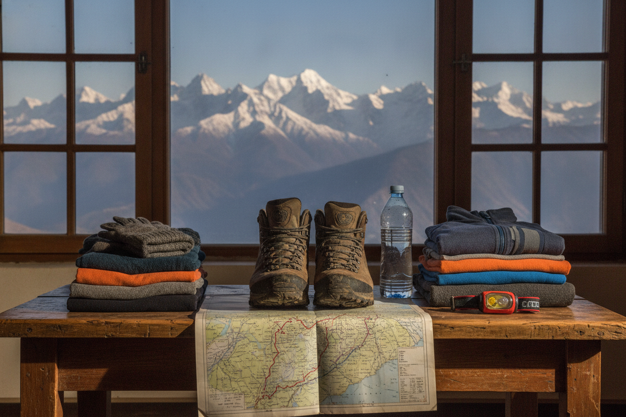 Trekking boots, warm layers, gloves, water and headtorch prepared for a Toubkal summit day