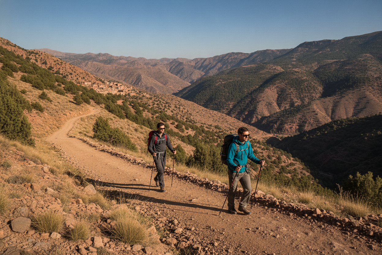 Two hikers walking at a steady pace on an Atlas Mountain trail above Ouirgane