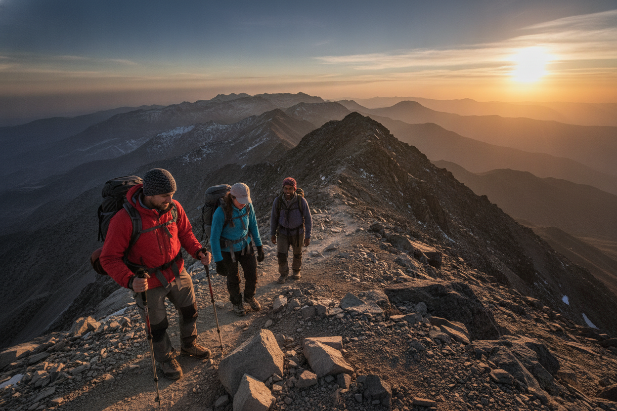 Two hikers and a local mountain guide approach a rocky Toubkal summit ridge at sunrise