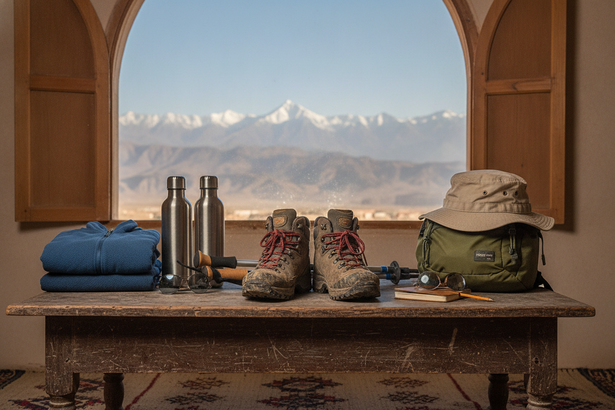 Trekking boots, poles, fleece, water bottles and backpack prepared for a Mount Toubkal trek